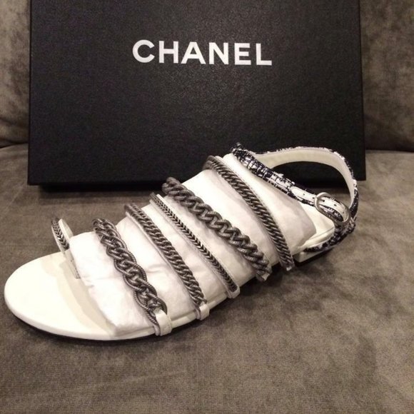 CHANEL 15S 2015 Tweed Chains Toe Ring Thong Strappy Flat Sandals Shoes - Picture 1 of 10
